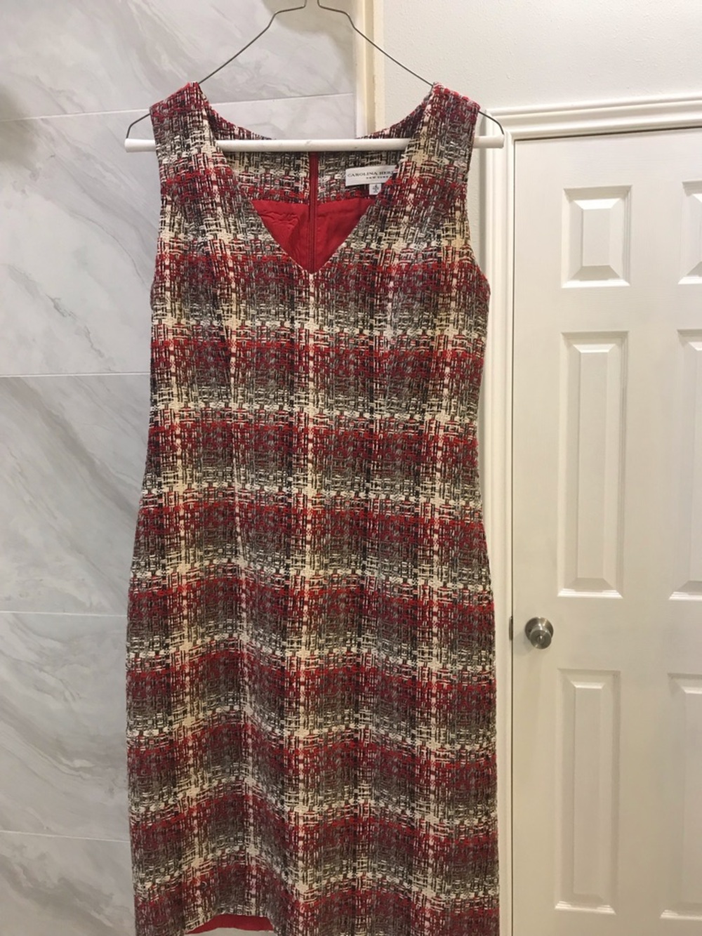 Carolina Herrera NY Red Tweed Sheath Dress US 2 Made USA